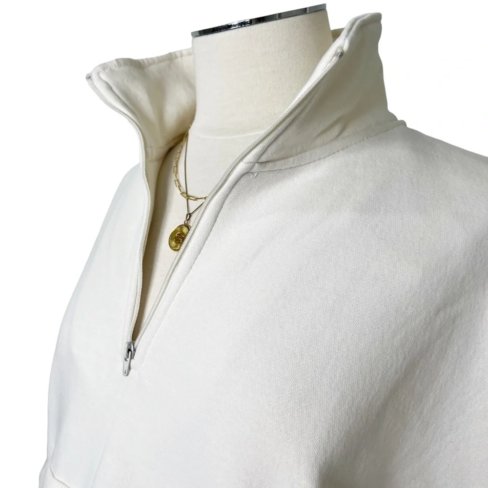 New WEWOREWHAT Women’s Oversized Cropped Cotton Blend 1/4 Zip Sweatshirt Cream S - Picture 4 of 13